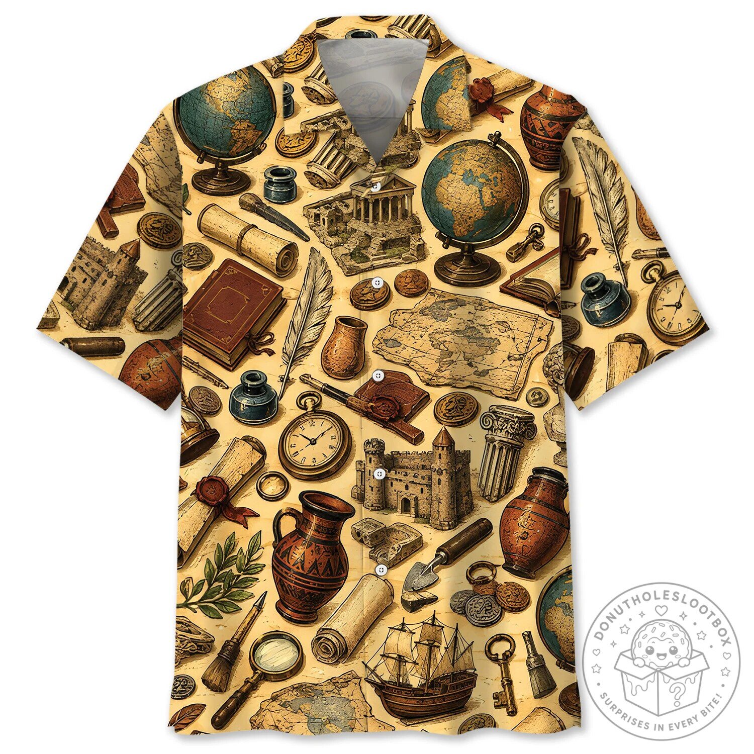 Vintage History Teacher Hawaiian Shirt with Ancient Artifacts and World Map Print