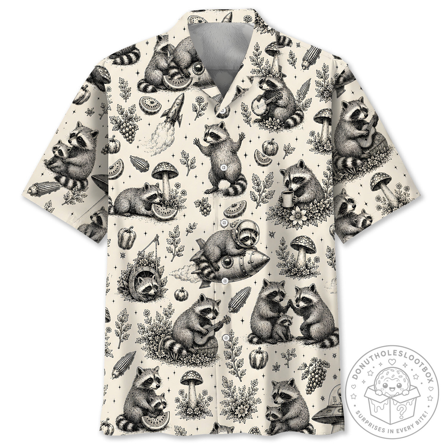 Vintage Raccoon Activities and Mushroom Pattern Hawaiian Shirt