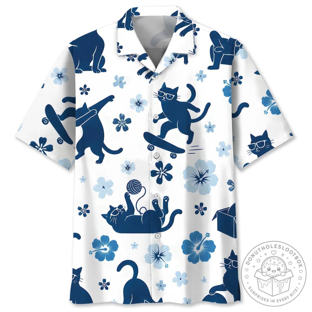 Funny Cat Blue Hibiscus Hawaiian Shirt for Men and Women