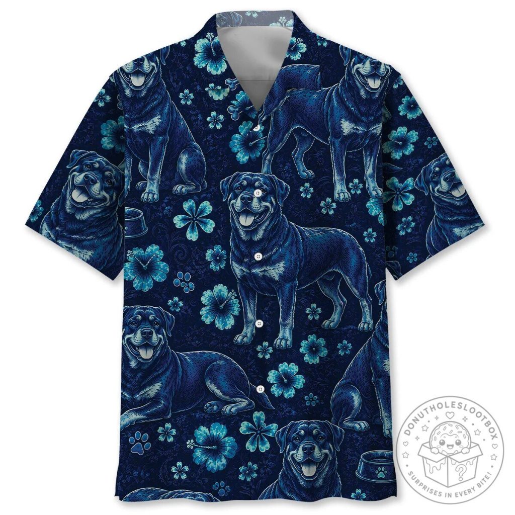 Rottweiler Dog Blue Tropical Hibiscus Hawaiian Shirt for Men