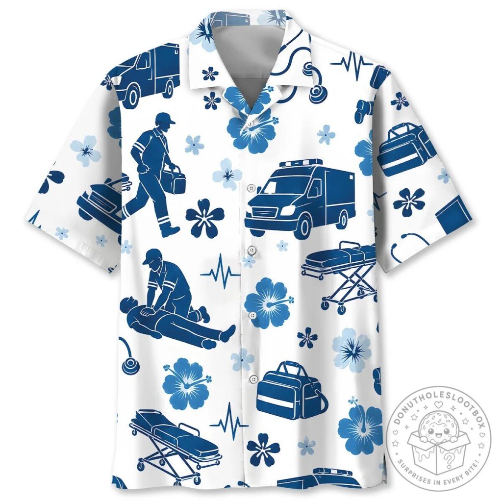 Hawaiian Shirt with Blue Hibiscus for Emergency Medical Technicians
