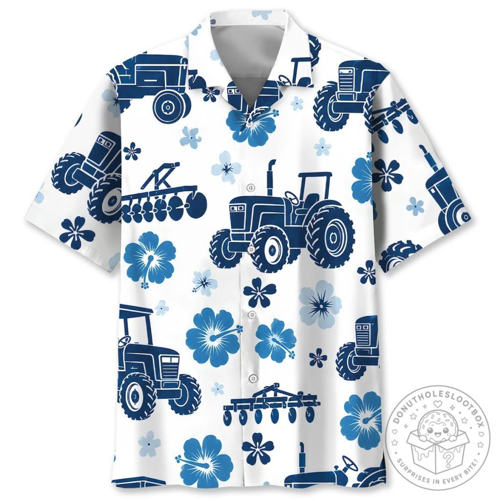 Tractor Farm Vehicle Blue Hibiscus Floral Hawaiian Shirt Tractor Farm Vehicle Blue Hibiscus Floral Hawaiian Shirt