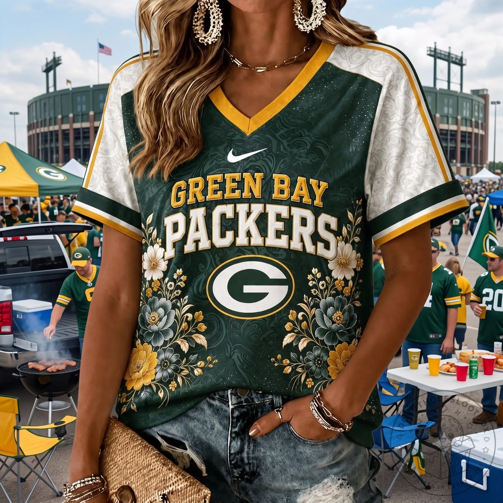 Green Bay Packers | Premium NFL Vintage Floral V-Neck TD