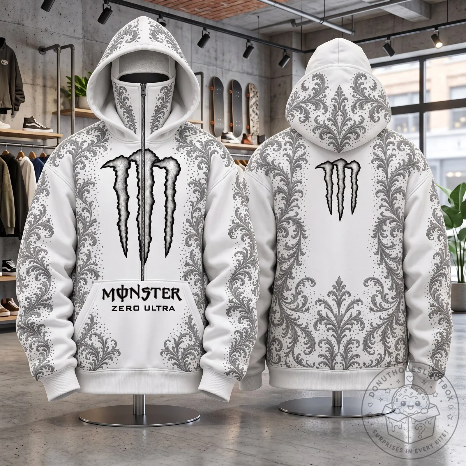 Monster Energy Zero Ultra Hoodie – White Paisley Full Zip Masked Hoodie 7 Monster Energy Zero Ultra Hoodie – White Paisley Full Zip Masked Hoodie