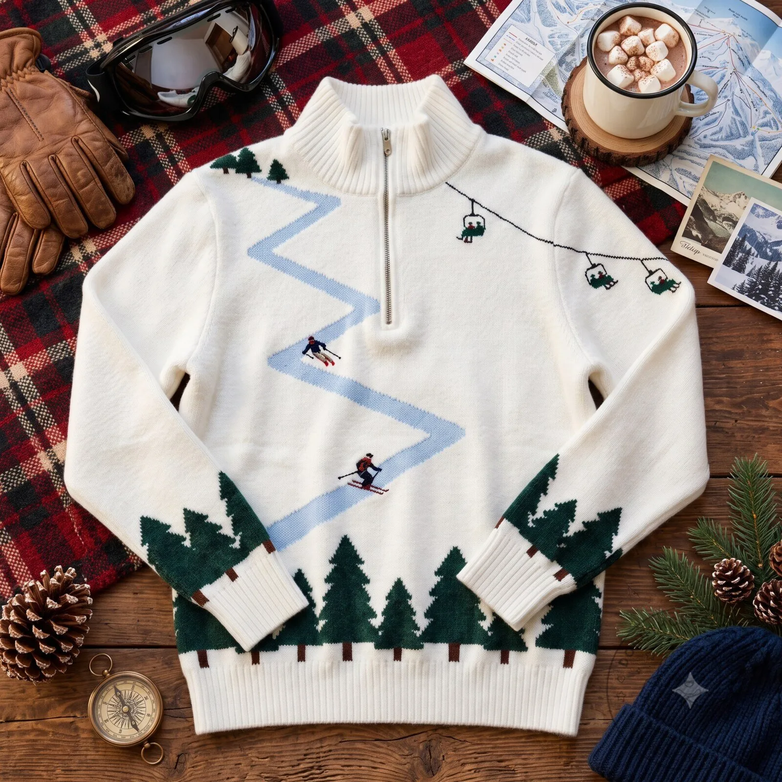 Ski Resort Mountain Graphic Quarter Zip Sweater Winter Holiday Apparel